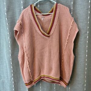 Free People Blush V-Neck Sweater with Multicolor Yellow Trim